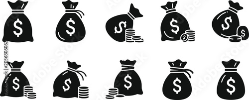 Money bag and coin silhouette icons, finance vector set, wealth illustration, banking design, savings concept, business investment art, economy graphic