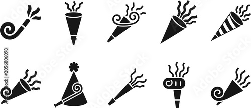 Party blower silhouette icons, celebration vector set, festive design illustration, birthday decoration art, event concept, fun party graphic