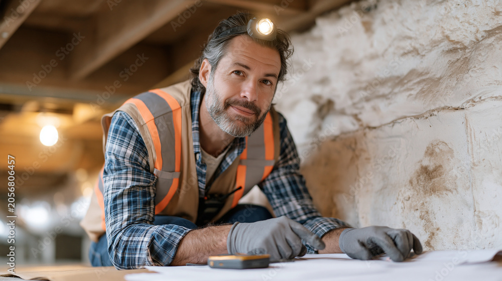 Obraz premium Structural home inspector in a safety vest crouches beneath a crawlspace entry point, headlamp illuminating the foundation wall while one gloved hand points to a moisture stain in