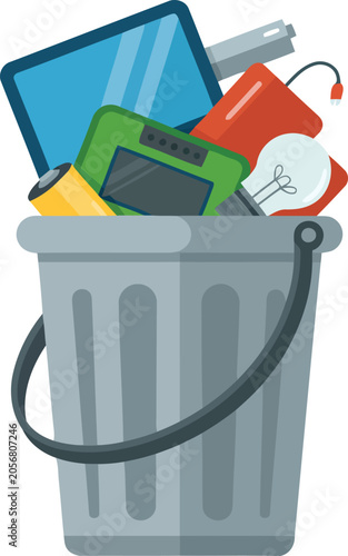 Obraz na płótnie Electronic waste in trash bin vector illustration.