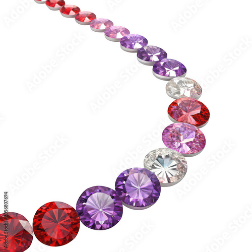 Curved Row of Red, Pink, Purple, and Clear Oval and Round Cut Gemstones on White Background