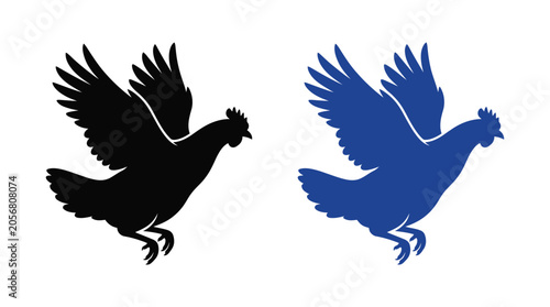 Rooster Silhouette Design In Black And Blue Isolated On White