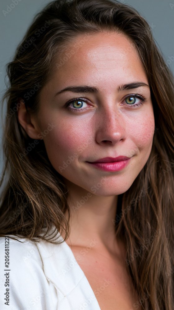 Fototapeta premium natural brunette woman with green eyes and confident gaze, authentic beauty portrait of makeupfree brunette female, elegant longhaired woman with natural expression