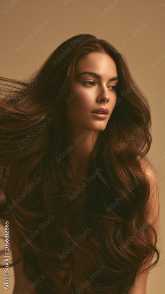 Naklejka premium confident brunette woman with flowing voluminous hair, elegant female beauty portrait with glossy brown hair, glamorous woman with silky long wavy brunette hair