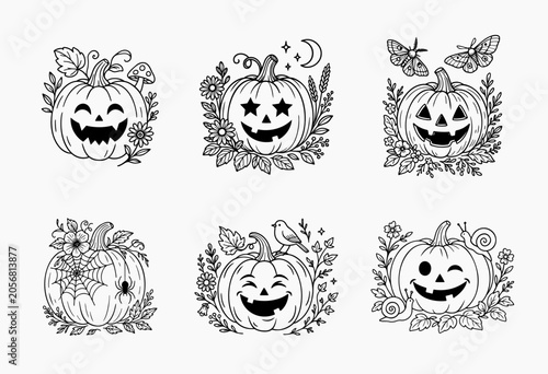 Cottagecore Halloween Pumpkin Collection with Floral Elements. Cute jack o lantern illustrations surrounded by flowers, leaves, insects, and woodland details.