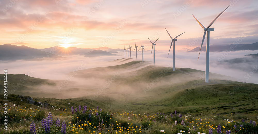 Naklejka premium Wind turbine farm on a rolling green hill in the early morning fog. Renewable energy concept for sustainable power generation. Nature landscape with sunrise and wildflowers in valley.