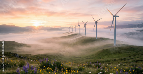 Wind turbine farm on a rolling green hill in the early morning fog. Renewable energy concept for sustainable power generation. Nature landscape with sunrise and wildflowers in valley.