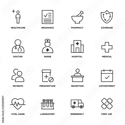 Medical care Vector icon set. Containing healthcare, insurance, pharmacy, coverage, doctor, nurse, hospital, medical, patients. Outline icons collection, Editable stroke