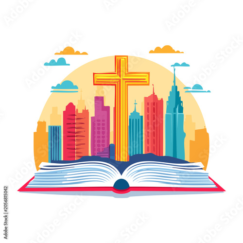 Christian Cross Over City Skyline and Open Bible