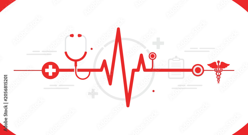 Obraz premium Medical Illustration Featuring Diagnostic Tools With Vitality Signals and Caduceus Vector Graphics