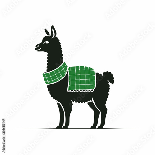 Stylized Black Llama with Green Plaid Blanket and Scarf