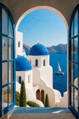 Bild auf Leinwand Santorini beach photo, Santorini postcard, church, minimalist architecture, chur