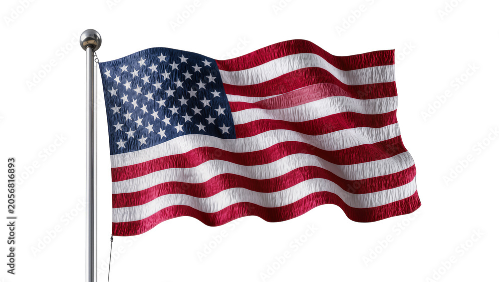 Obraz premium Isolated American flag waving on a flagpole, symbolizing patriotism, freedom, and national pride