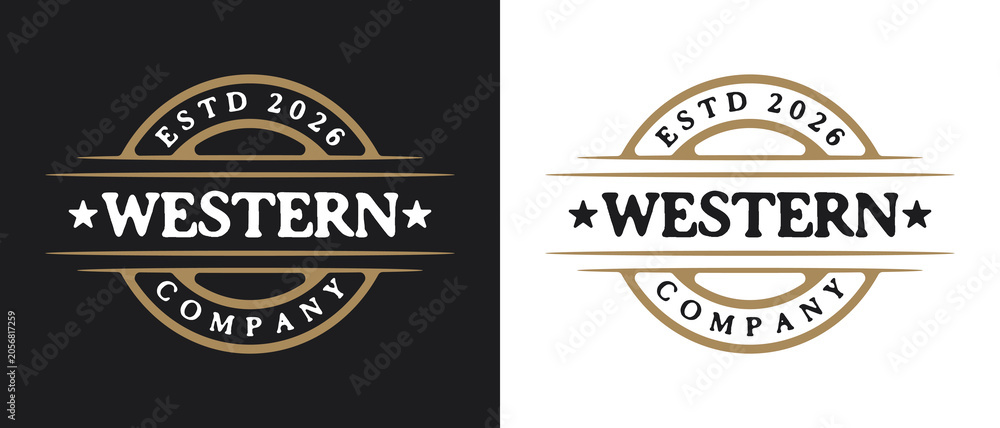 Fototapeta premium Classic vintage retro premium royal luxury western logo featuring vintage typography with star and circular stamp emblem label badge style suitable for western themed businesses.