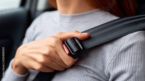 Woman's hand fastening a car seat belt for safety during travel