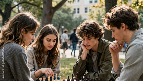 Diverse Friends Playing Chess in a Sunny City Park for International Chess Day