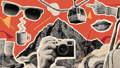 Mountain travel collage with camera and hiking accessories on orange background for adventure tourism banner design