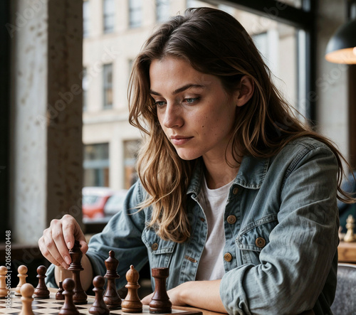 A young woman playing chess in a modern cafefor International Chess Day