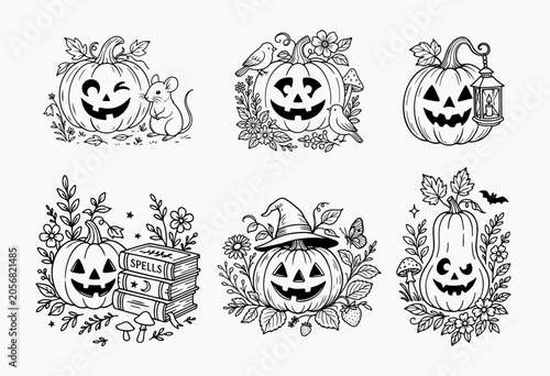 Cute Cottagecore Halloween Pumpkin Collection. Whimsical Jack-o'-Lantern Designs with Flowers, Animals, Books, and Autumn Nature Elements.