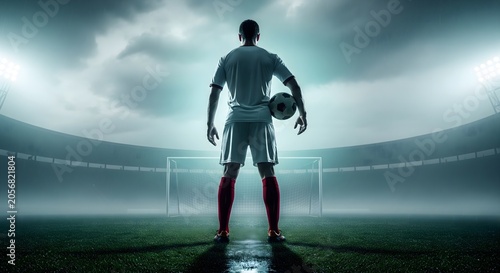 Soccer Player Preparing for Goal in Foggy Arena
