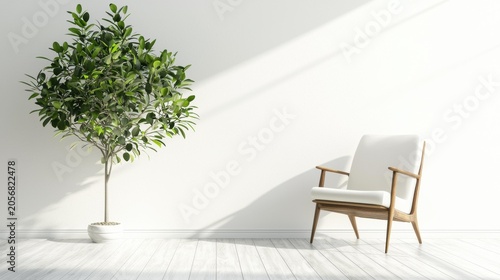 A minimalist interior scene features a potted plant and a modern armchair against a white wall with diagonal sunlight. AI.