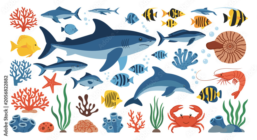 Fototapeta premium Diverse collection of marine life showcases a giant white shark, playful dolphin, red crab, and vibrant corals.