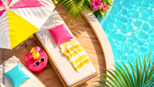 Colorful tropical poolside with sun loungers, a striped umbrella, refreshing drink and sunglasses beside sparkling turquoise water.