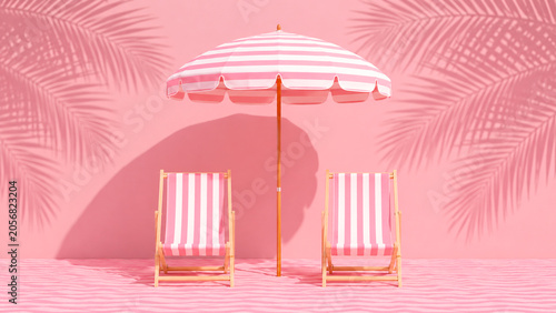 Two pink striped deck chairs sit beneath a matching beach umbrella with palm shadows on a coral wall.