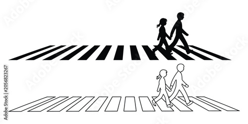Fotografía Pedestrian crosswalk icons featuring a person walking across a street in black and white style, representing urban safety, traffic rules, and city navigation concepts