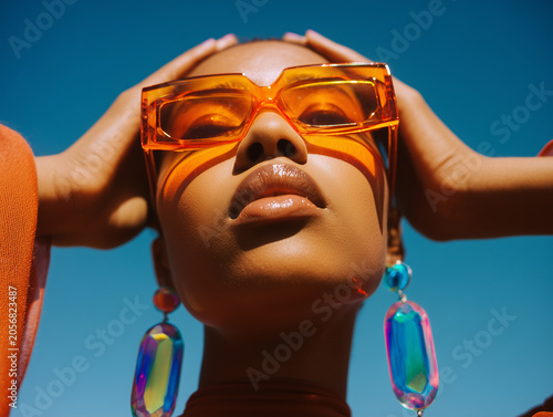 A stylish woman in orange sunglasses and colorful crystal earrings poses against a blue sky.