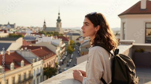 Young woman overlooking cityscape from rooftop terrace