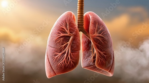 Pair of human lungs suspended in warm, hazy light