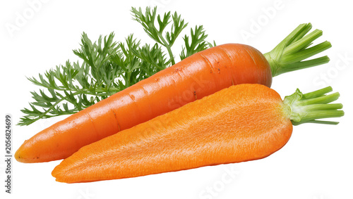 Konstfotografi Isolated vibrant orange whole and half-cut carrots with fresh green tops, healthy organic vegetables