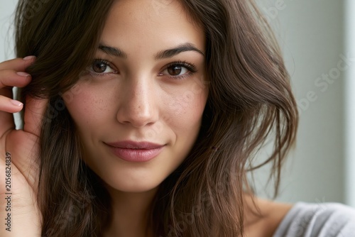 Soft light glows on her gentle smile