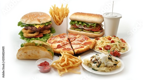 Fast food spread gleams invitingly against white