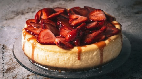 Creamy cheesecake topped with fresh strawberries and caramel drizzle