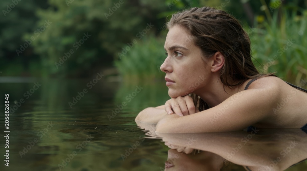 Fototapeta premium Young woman resting on folded arms in calm forest lake near reeds