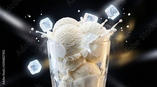 Vanilla ice cream scoops in a glass with milk splash and ice cubes