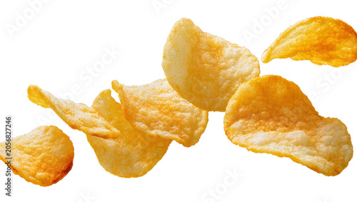Obraz na plátne Isolated potato chips flying and falling, golden crunchy delicious snack food, h