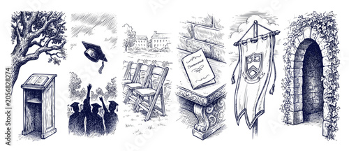 Tableau sur toile Graduation ceremony hand drawn sketch set featuring mortarboard, college graduates silhouette, wooden lectern, ivy archway, commencement booklet, ceremony chairs, and school crest banner illustration