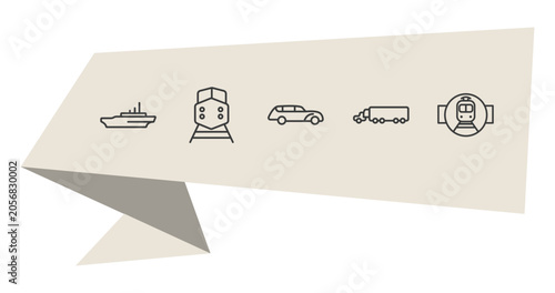 transport outline icon set. thin line icebreaker ship, diesel train, eighteen-wheeler, tram stop label icons. editable vector