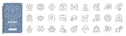 Quadro su tela Expert and talent management line icon set featuring human resources recruitment, professional skills training, workforce development, leadership coaching and employee growth concepts