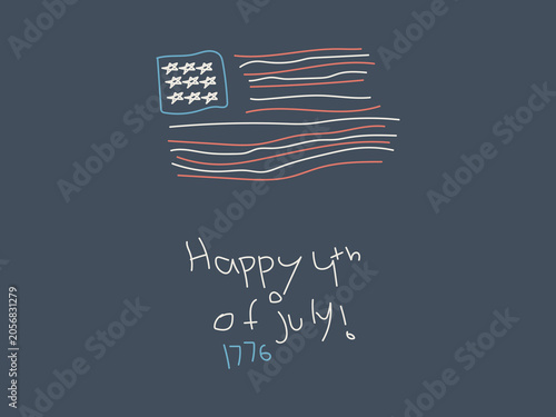 Minimalist dark slate background with a creative hand drawn sketch of the American flag and Happy 4th of July text