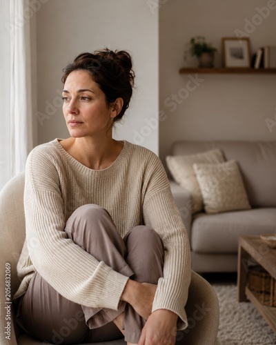 Woman sitting in a cozy chair reflecting in a modern living room