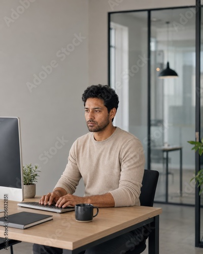 Man working on computer in modern office environment with plants