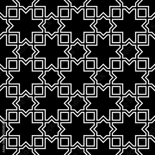 Seamless surface pattern design with Moroccan stars and crosses tiles ornament. Oriental traditional ornamentation with repeated geometric shapes. Ancient mosaic wallpaper. Grid motif. Digital paper.