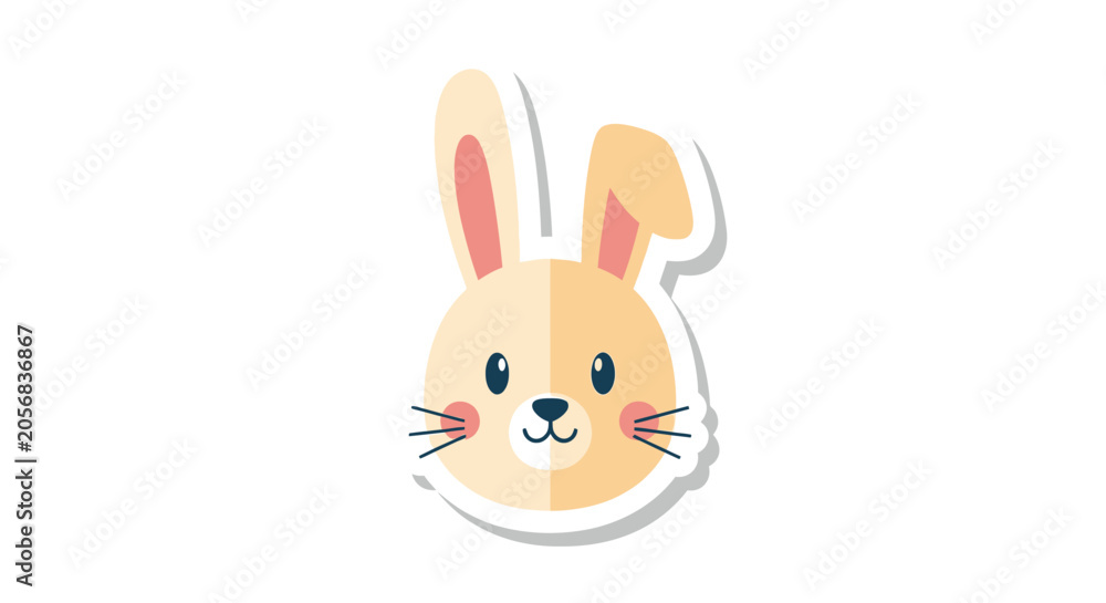 Fototapeta premium Cute Cartoon Rabbit Face Sticker, Kawaii Bunny Head, Simple Flat Design