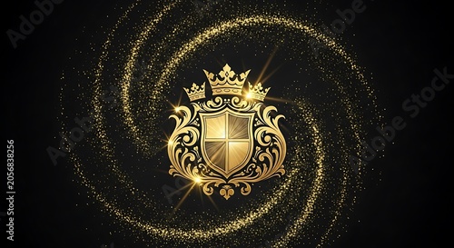 Golden heraldic shield with swirling glitter emblem