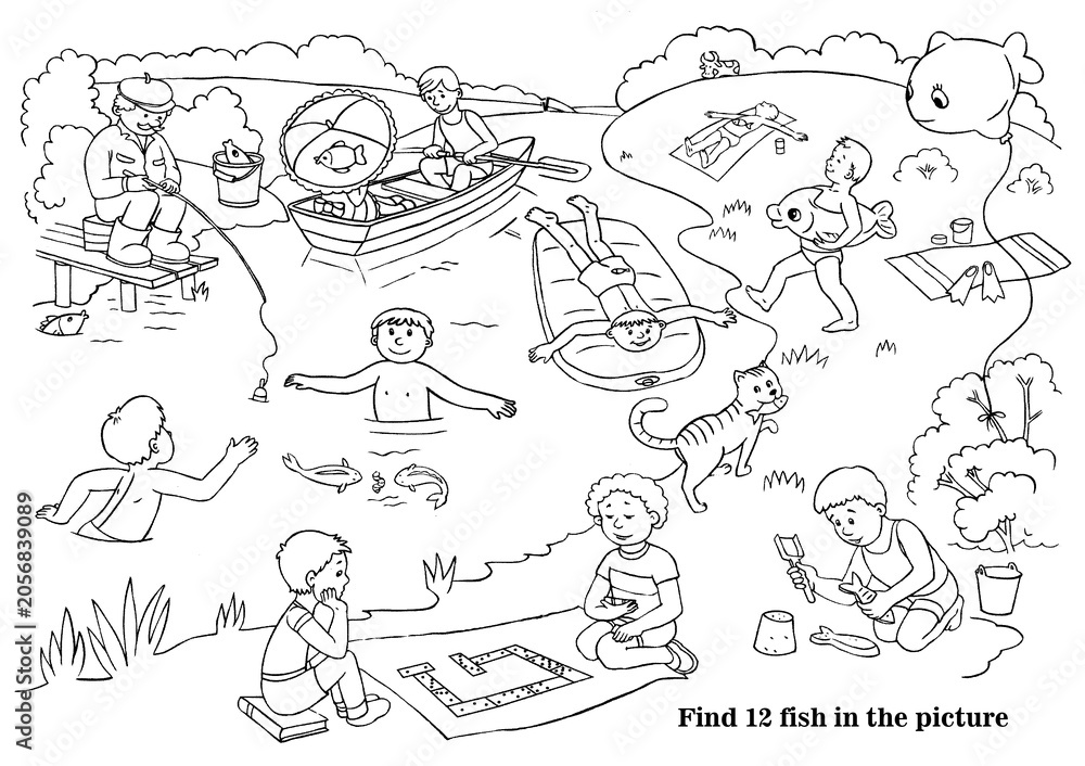 Fototapeta premium Color the picture and find 12 fish. Logic game for children with cartoon character. Illustration for paper coloring book on white background. Children holiday on lake, river in summer.
