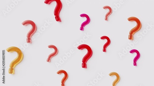 3d animation of question mark falling down in the center. Jelly-like texture, modern clean motion design. Question, problem, curiosity and decision making concept. Interface elements, infographics tem